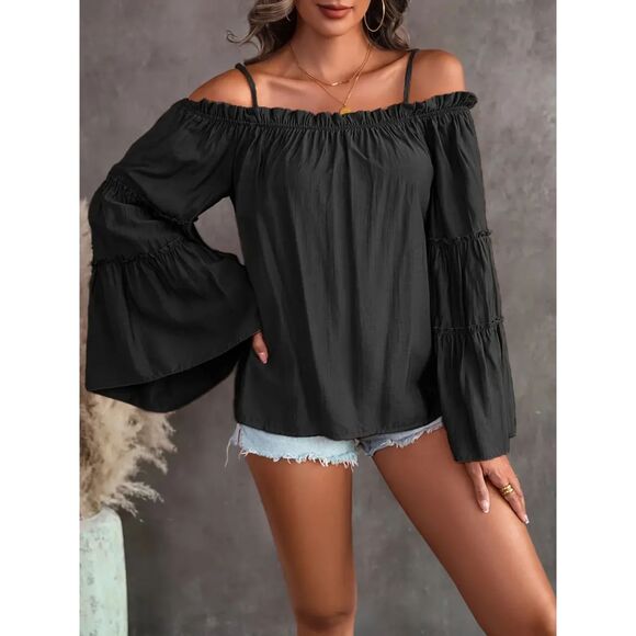 Ruched Spaghetti Strap Blouse Cold Shoulder Blouse Black Size 14 - Picture 2 of 10